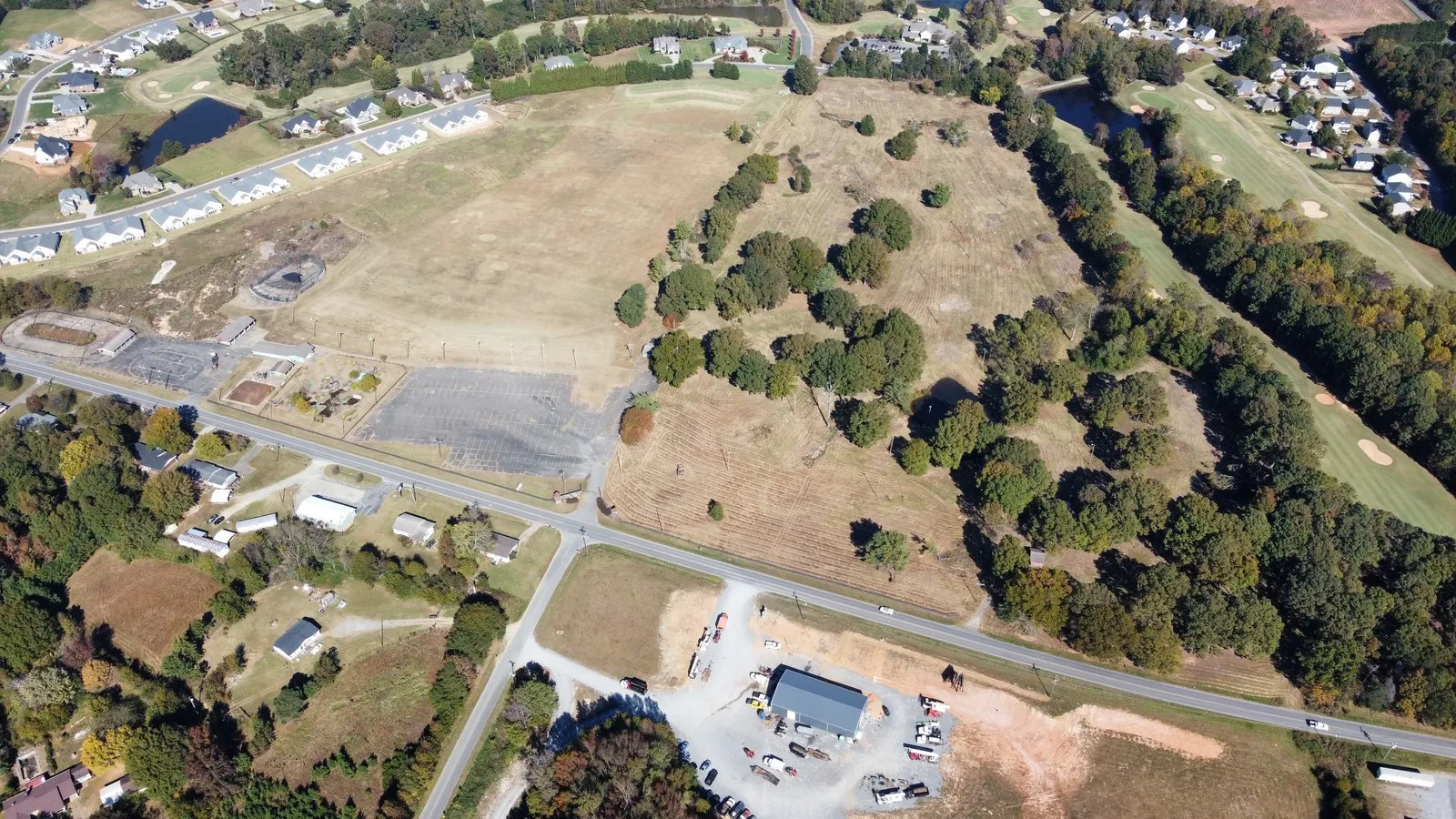 Aerial view of rural property and fields in the North Carolina Piedmont